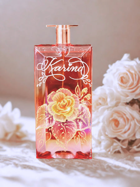 Engraved and hand-painted Lancome Idôle perfume bottle with peach cabbage rose design — a luxury personalized bridal gift for brides, bridesmaids, and mothers of the bride by A Wincy Glass ’N DesigN.