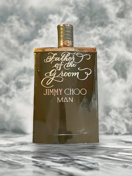Engraved Jimmy Choo Man cologne bottle with “Father of the Groom” — personalized wedding gift and keepsake for bridal party and groomsmen.