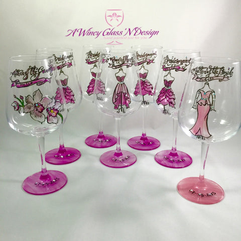 Swarovski Crystals Custom Hand Painted Bridesmaids Dress Wine Glasses - A Wincy Glass N Design