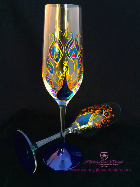Peacock Wedding Champagne Glasses - 2 Flutes - A Wincy Glass N Design