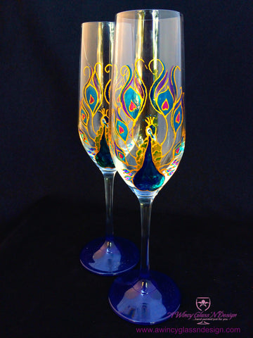 Peacock Wedding Champagne Glasses - 2 Flutes - A Wincy Glass N Design