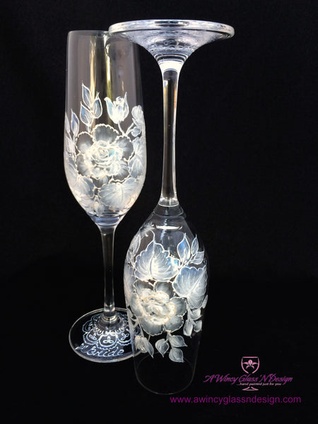 White Vintage Rose Hand Painted Champagne Flutes - 2 Flutes - A Wincy Glass N Design
