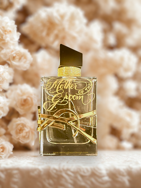 Luxury YSL Libre engraved perfume bottle featuring “Mother of the Groom,” a timeless wedding day gift and bridal party keepsake.