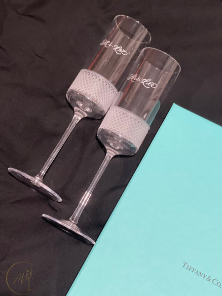 engraved champagne flutes wedding script