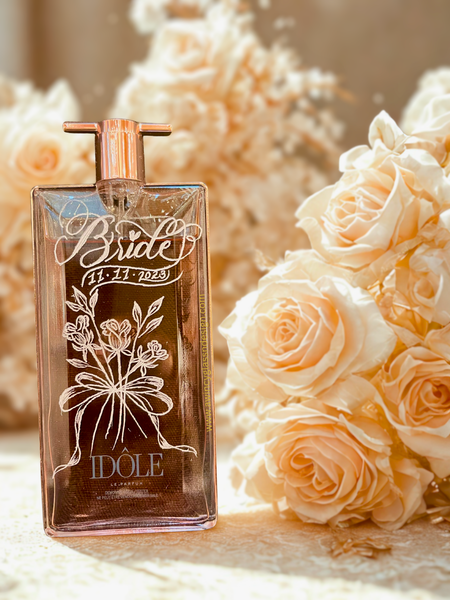 floral engraved perfume bottle for bride with wedding date on Lancome Idole Perfume