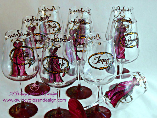 Personalized Custom Hand Painted Bridesmaids Dress Wine Glasses (Set of 10) - A Wincy Glass N Design