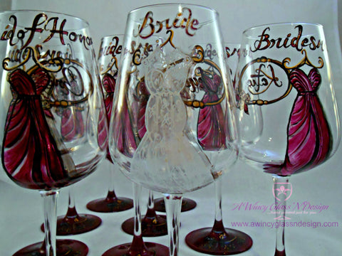 Personalized Custom Hand Painted Bridesmaids Dress Wine Glasses - A Wincy Glass N Design