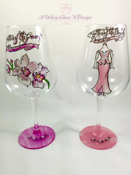 Swarovski Crystals Custom Hand Painted Bridesmaids Dress Wine Glasses - A Wincy Glass N Design