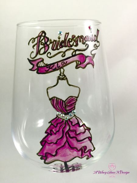 Swarovski Crystals Custom Hand Painted Bridesmaids Dress Wine Glasses - A Wincy Glass N Design