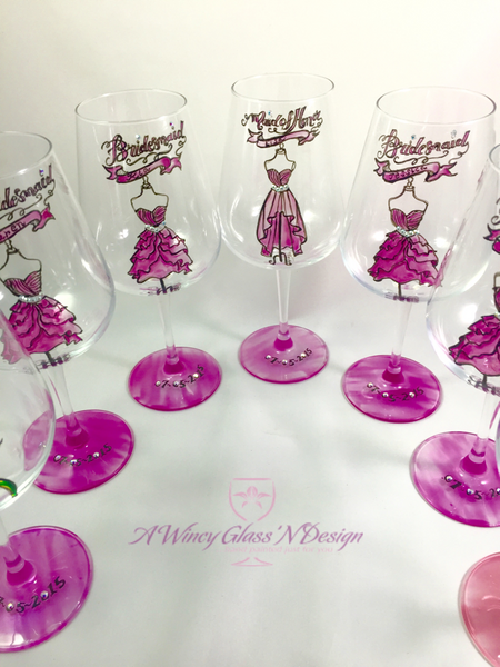 Swarovski Crystals Custom Hand Painted Bridesmaids Dress Wine Glasses - A Wincy Glass N Design