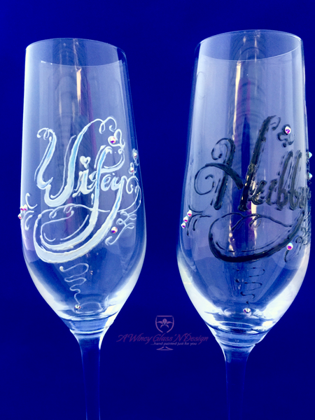Swarovski Crystals Wifey Hubby Wedding Glasses - A Wincy Glass N Design