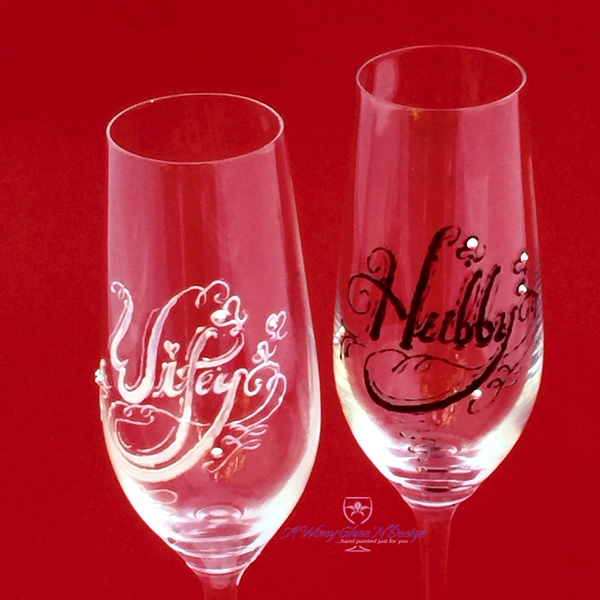 Swarovski Crystals Wifey Hubby Wedding Glasses - A Wincy Glass N Design
