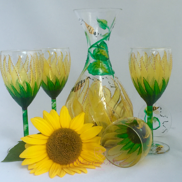 Sunflower Hand Painted Glasses & Decanter Set - A Wincy Glass N Design