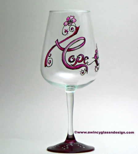 Hope Breast Cancer Hand Painted Wine Glass - 1 Wine Glass - A Wincy Glass N Design