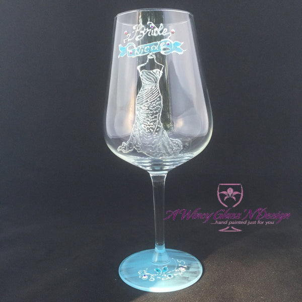 Swarovski Crystals Custom Hand Painted Bridesmaids Dress Wine Glasses - A Wincy Glass N Design