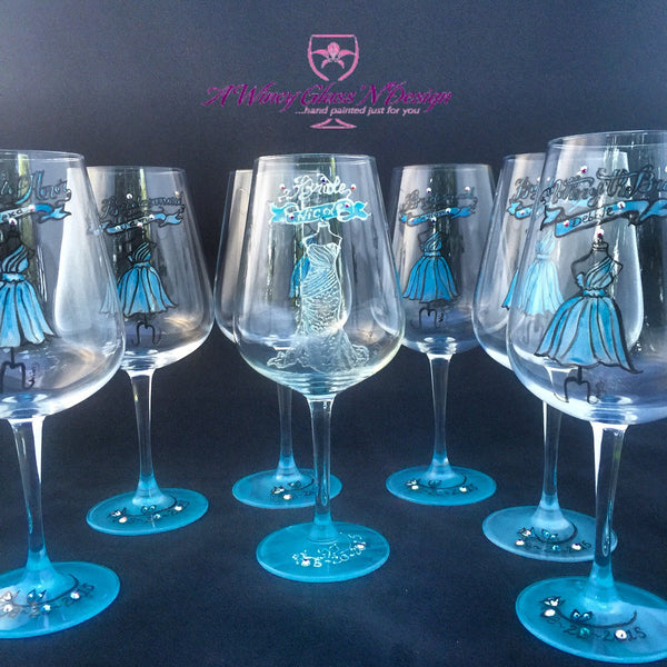 Swarovski Crystals Custom Hand Painted Bridesmaids Dress Wine Glasses - A Wincy Glass N Design
