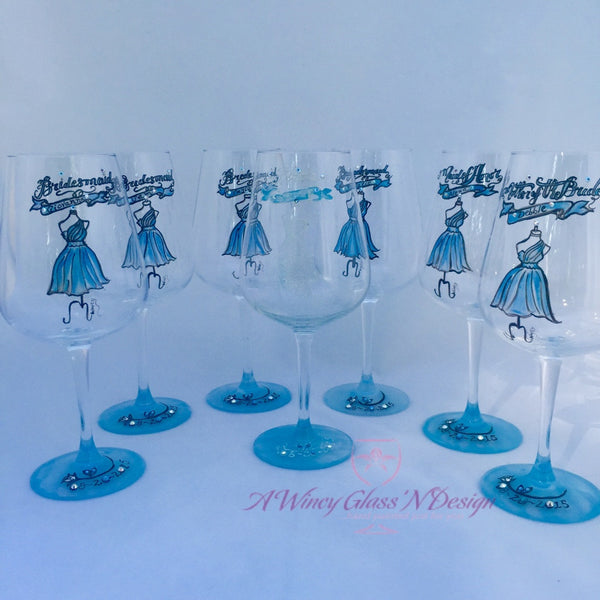 Swarovski Crystals Custom Hand Painted Bridesmaids Dress Wine Glasses - A Wincy Glass N Design