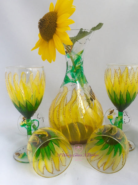 Sunflower Hand Painted Glasses & Decanter Set - A Wincy Glass N Design