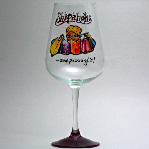 Shopaholic Hand Painted Wine Glass - 1 Wine Glass - A Wincy Glass N Design