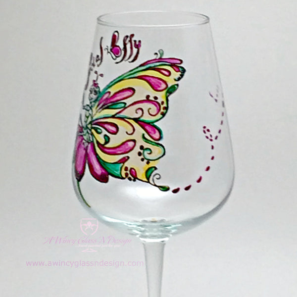 Social Butterfly Hand Painted Wine Glass - 1 Wine Glass - A Wincy Glass N Design