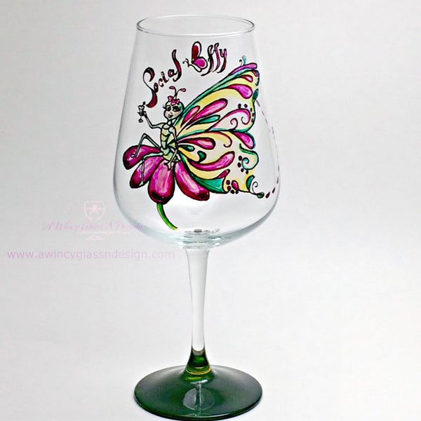 Social Butterfly Hand Painted Wine Glass - 1 Wine Glass - A Wincy Glass N Design