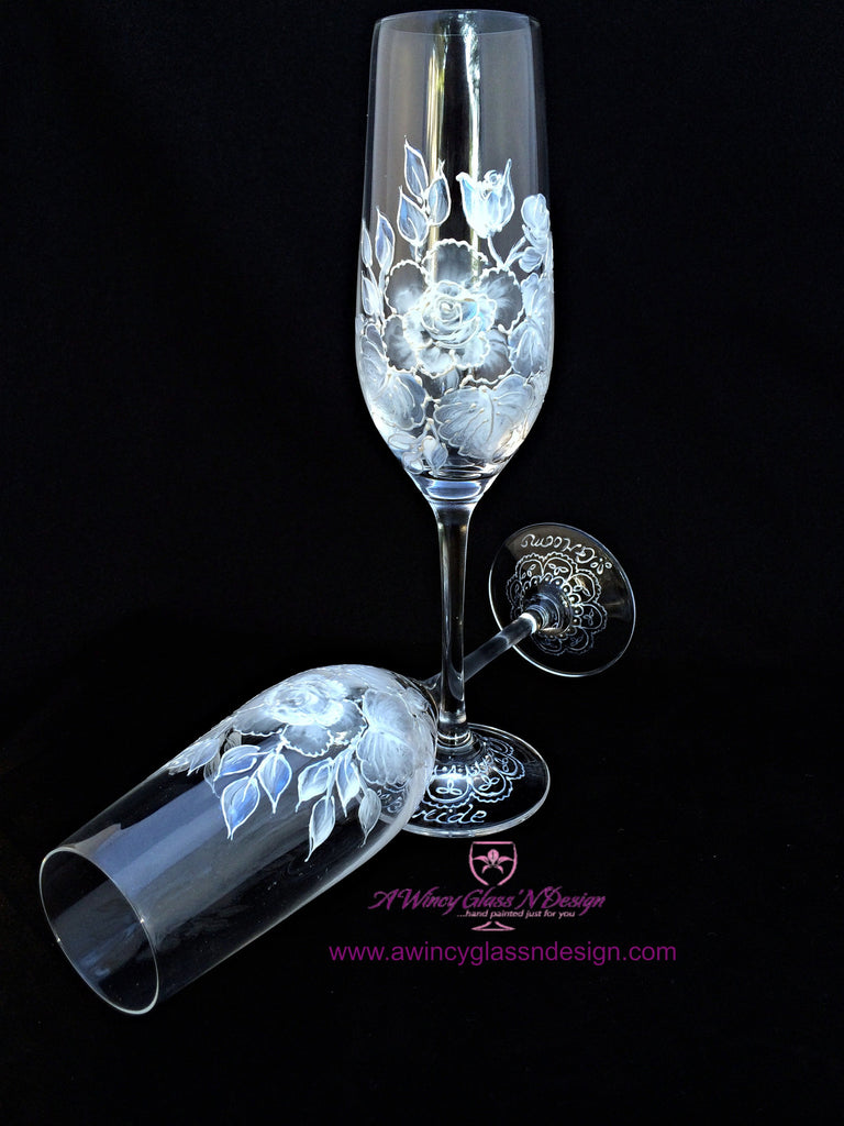 White Vintage Rose Hand Painted Champagne Flutes - 2 Flutes