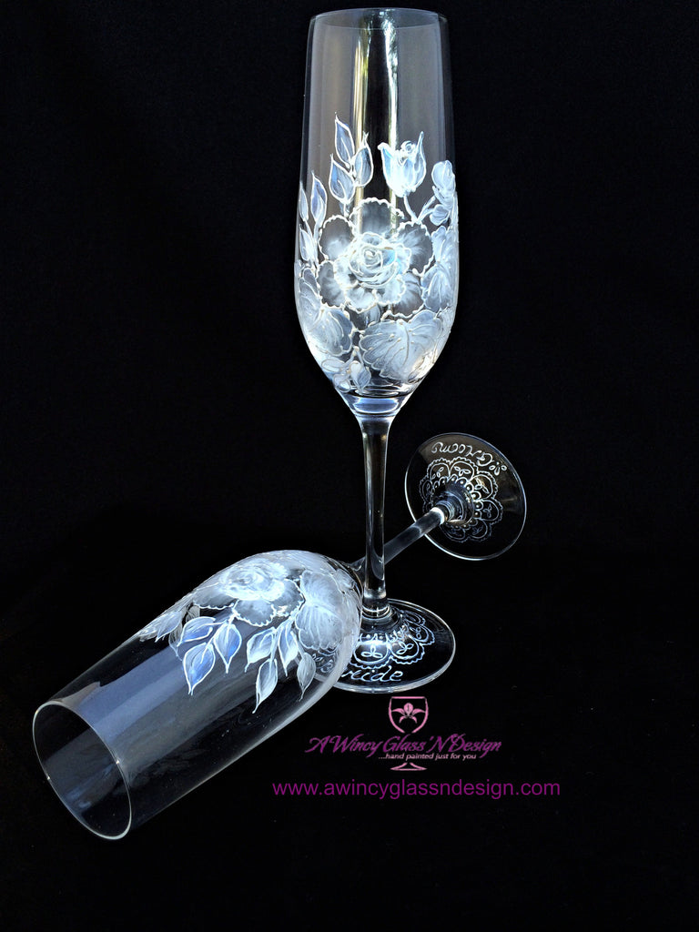 White Vintage Rose Hand Painted Champagne Flutes - 2 Flutes - A Wincy Glass N Design