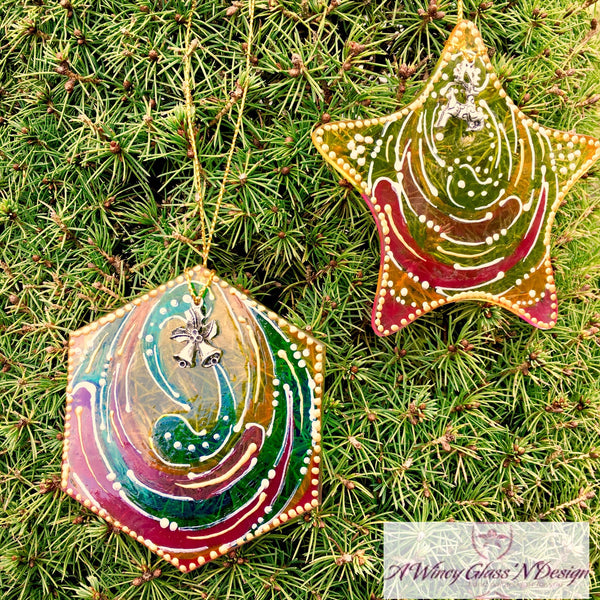 Set of 2 Geometric Hand Painted Glass Ornaments - Assorted Colors - A Wincy Glass N Design