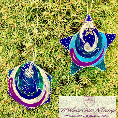 Set of 2 Geometric Hand Painted Glass Ornaments - Assorted Colors - A Wincy Glass N Design
